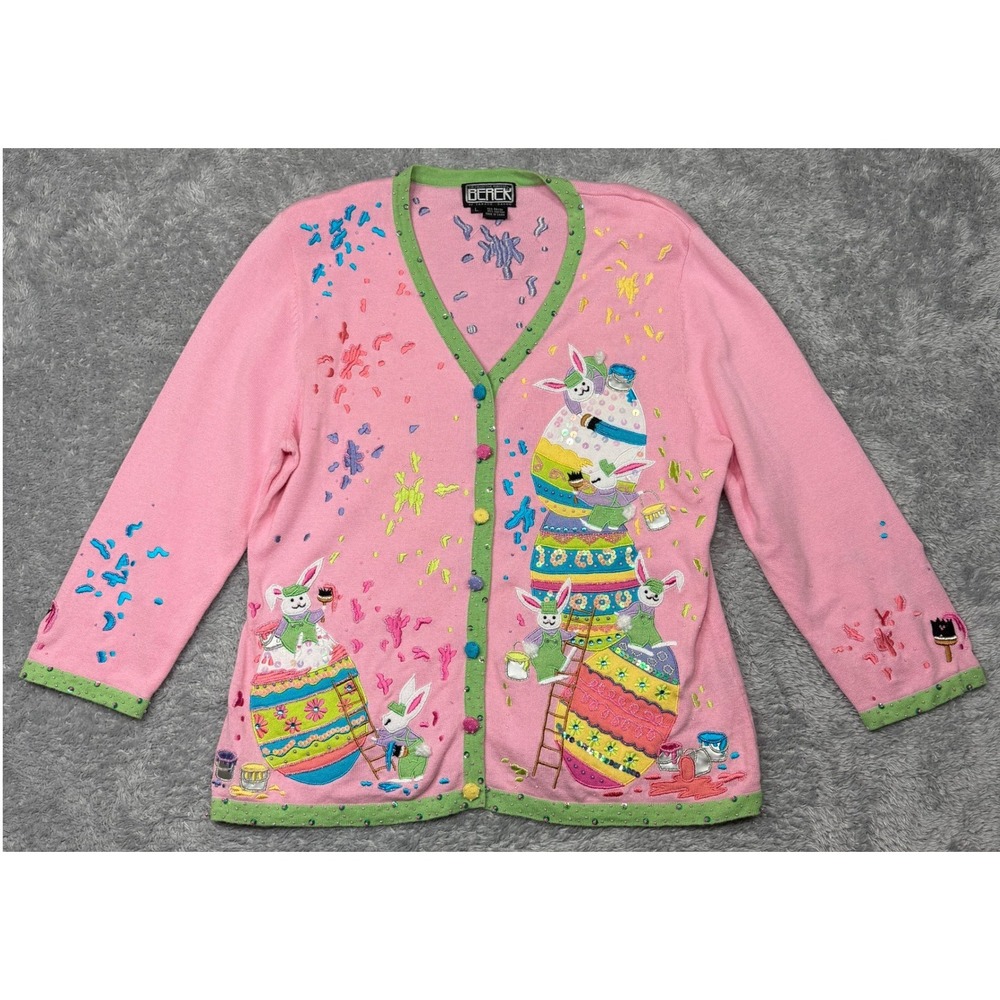 Vintage Berek Cardigan Sweater Womens L Pink Easter Bunny Egg Embroidered Beaded